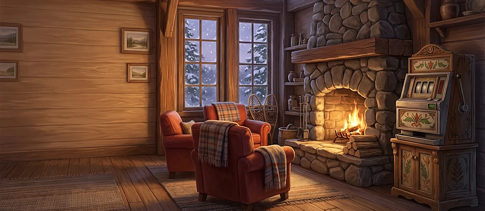 A timber lodge lounge: maple-red armchairs, a stone fireplace with a warm fire, a vintage slot machine and snow falling outside the windows